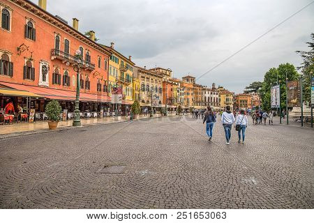 Verona, Italy, April 23, 2016 - View Of Bra Square In The Center Of Verona, Italy