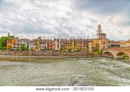 Ponte Pietra Stone Bridge Up On The Adige River In Verona, Italy. Historic, Famous.