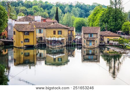 Verona, Italy, April 23, 2016 - The Picturesque Village On The River Bank, Borghetto Sul Mincio , Ve