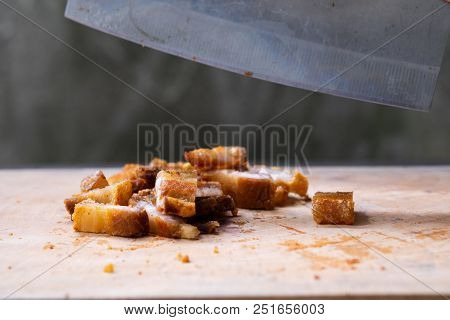 Crispy Pork Belly On Wooden Chopping Board