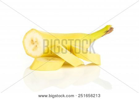 Group Of One Half Three Slices Of Fresh Yellow Banana Isolated On White Background