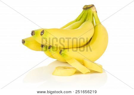 Group Of Six Whole Three Slices Of Fresh Yellow Banana Isolated On White Background