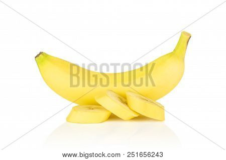 Group Of One Whole Three Slices Of Fresh Yellow Banana Isolated On White Background