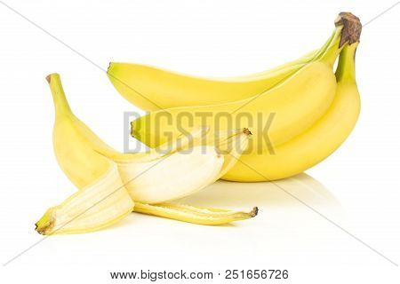 Lot Of Whole Fresh Yellow Banana One Cluster And One Opened Isolated On White Background