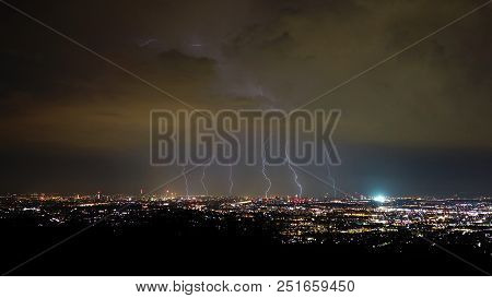 Storm And Lightning In The Night Over Vienna City, Austria