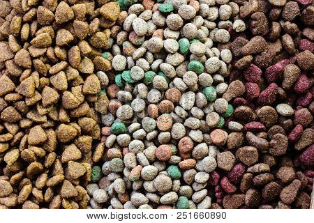 Top View Of Dry Pet Food Background.
