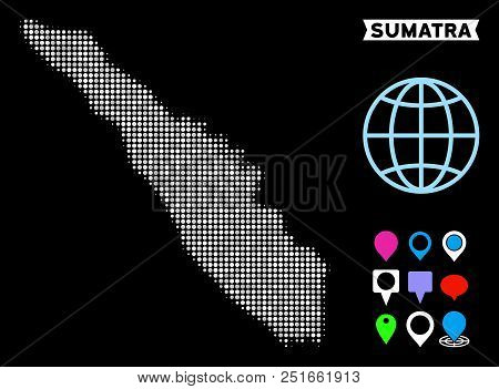 Bright Pixelated Halftone Sumatra Island Map. Geographic Map In Bright Color Tints On A Black Backgr