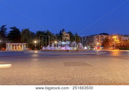 Kutaisi, Georgia - September 18, 2018: View Of The Colchis Fountain At Dawn. Kutaisi Georgia