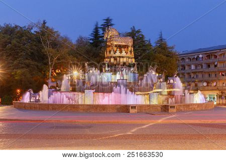 Kutaisi, Georgia - September 18, 2018: View Of The Colchis Fountain At Dawn. Kutaisi Georgia