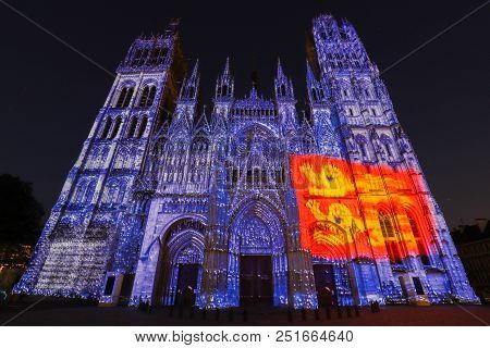 Rouen, France - July 15, 2018 : Light Show On Cathedral Of Notre Dame In The City Rouen, Capital Of 
