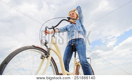 Most Satisfying Form Of Self Transportation. Enjoy Cycling Cruiser Bike. Woman Feels Free While Enjo