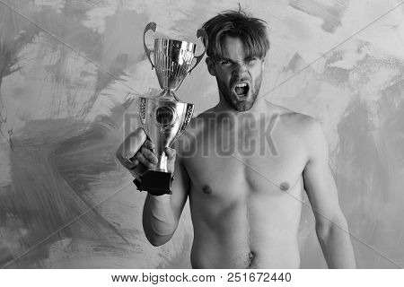 First Place Award And Success Concept. Man With Messy Hair On Colorful Background. Boxer With Wild F