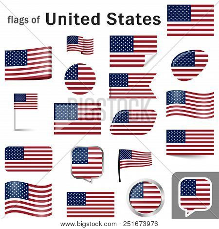 Collection Of Flags And Buttons With National Country Colors Of The United States