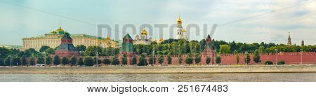 Panoramic view of Moscow skyline. Kremlevskaya naberezhnaya. Moskva river on the foreground. Panorama