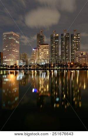 Twin Towers Of Benchakitti Park Night City Skyline, In Thailand. Cityscape Photography, Modern Night