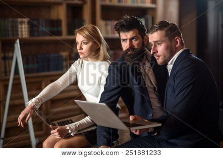 Modern Life Concept. Woman And Men Use Laptops In Modern Life. Modern Life With New Technology. Mode