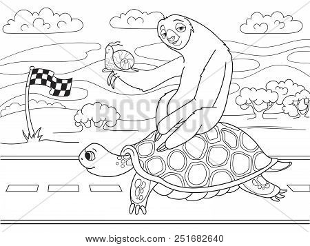 Long Journey, Speed. Three Friends Went On A Long Trip. Sloth And Snail Riding A Turtle. Raster Cart