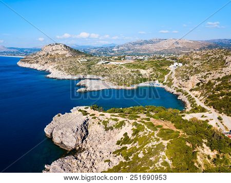 Ladiko Beach And Anthony Quinn Bay Aerial Panoramic View In Rhodes Island In Greece