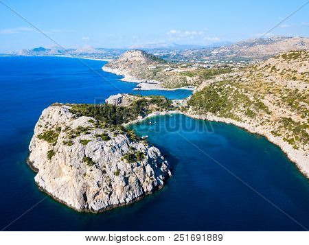 Ladiko Beach And Anthony Quinn Bay Aerial Panoramic View In Rhodes Island In Greece