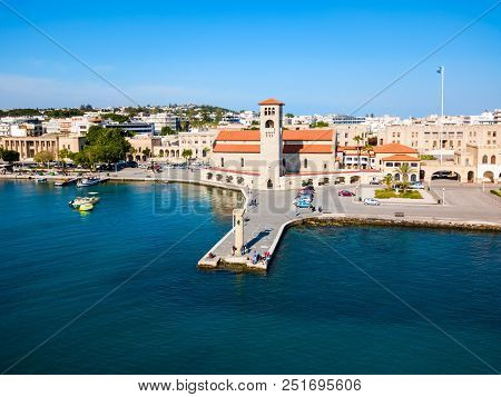Colossus Of Rhodes And Evangelismos Church Or Ekklisia Evaggelismos Aerial Panoramic View In Rhodes 