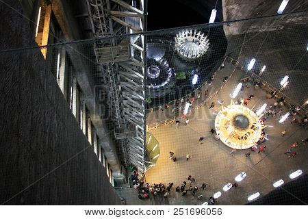 Turda, Romania - June 18: Tourists Waiting For The Elevator In The Salina Turda, Turda Salt Mine, Ne