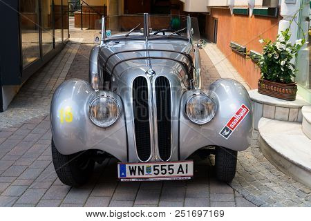 Saalbach-hinterglemm, Austria - June 21 2018: Vintage Car Bmw 328 Roadster Oldsmobile Veteran Produc