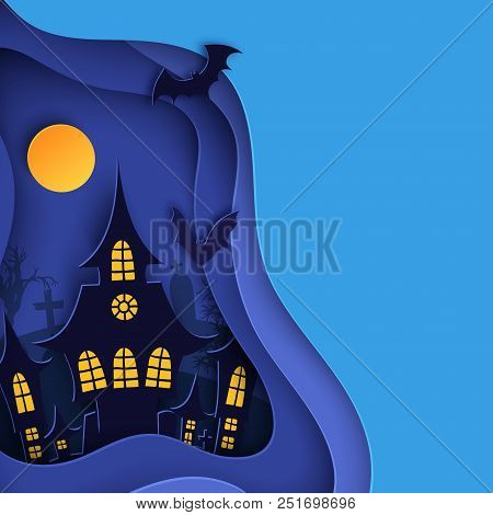 Paper Art Halloween Night Background With Haunted House, Flying Bat, Cemetery With Graves And Dead T