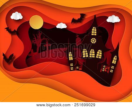 Paper Art Halloween Night Background With Haunted House, Flying Bat, Cemetery With Graves And Dead T