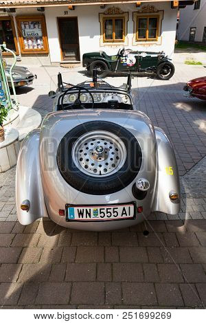 Saalbach-hinterglemm, Austria - June 21 2018: Vintage Car Bmw 328 Roadster Oldsmobile Veteran Produc