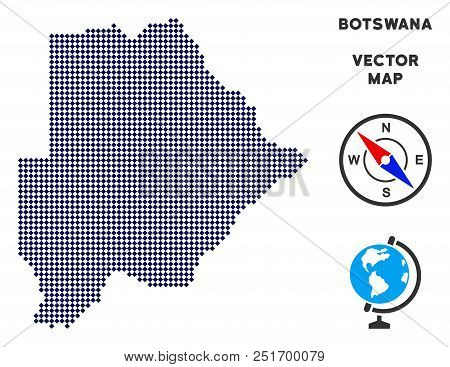 Dot Botswana Map. Abstract Territory Plan. Points Have Rhombus Form And Dark Blue Color. Vector Patt