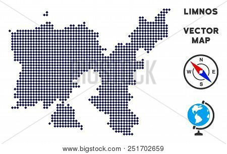 Dot Limnos Greek Island Map. Abstract Geographical Map. Dots Have Rhombic Form And Dark Blue Color. 