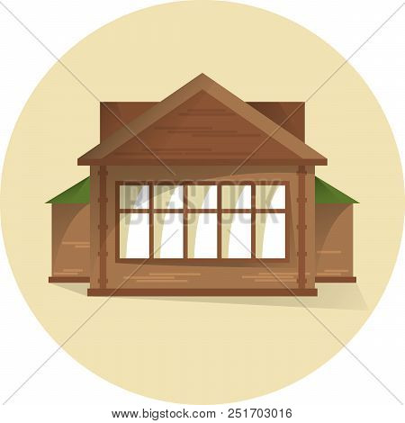 Wooden House With Big Window, Building Fasade, Semi Flat Style With Shadows, Vector Illustration