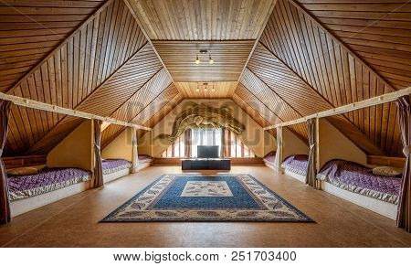 Moscow - May 2, 2018: Interior Of Residential House Or Hotel. Large Hall With Couches And Tv For Rel