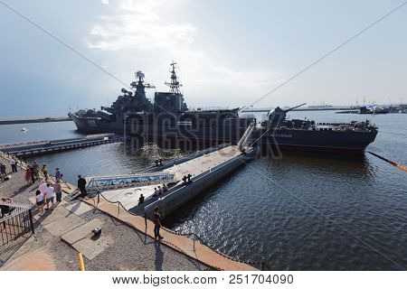 KRONSTADT, ST. PETERSBURG, RUSSIA - JULYy 28, 2018: Sovremenny class destroyer Bespokoyny anchored in the port of Kronstadt before the Navy Day parade. Navy Day is celebrated last Sunday of July