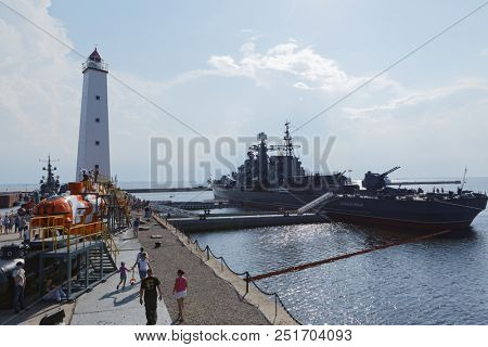 KRONSTADT, ST. PETERSBURG, RUSSIA - JULYy 28, 2018: Sovremenny class destroyer Bespokoyny anchored in the port of Kronstadt before the Navy Day parade. Navy Day is celebrated last Sunday of July