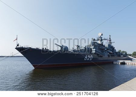 KRONSTADT, ST. PETERSBURG, RUSSIA - JULYy 28, 2018: Sovremenny class destroyer Bespokoyny anchored in the port of Kronstadt before the Navy Day parade. Navy Day is celebrated last Sunday of July