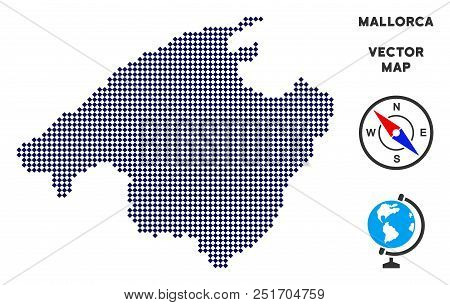 Dot Spain Mallorca Island Map. Abstract Geographical Map. Pixels Have Rhombic Shape And Dark Blue Co