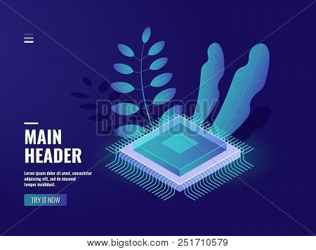 Microelectronic Computer Chip Icon, Data Computing Process, Server Room, Cloud Storage, Database, Di