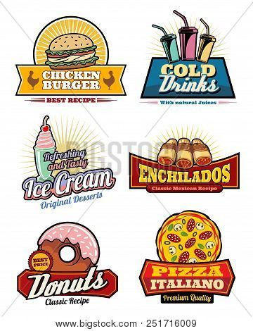 Fast Food Icons For Cinema Bistro Bar Or Fastfood Restaurant Snacks Menu. Vector Set Of Chicken Burg
