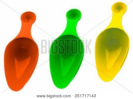 Set Of Colorful Plastic Measuring Spoon Isolated On White Background With Shadow. Orange, Green, And
