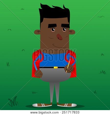 Schoolboy Writing With Pencil. Vector Cartoon Character Illustration.