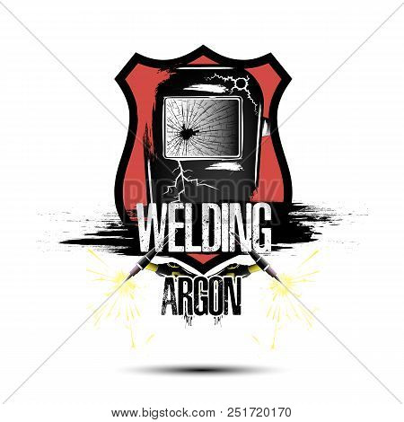 Logo Template Design Welding Argon. Abstract Mask Of A Welder With Gas Burners. Grunge Style. Isolat