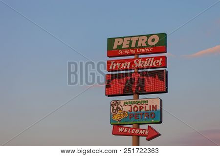 Joplin, Missouri - July, 8 2018 - Joplin 44 Petro Truckstop Welcome Sign With Iron Skillet Restauran