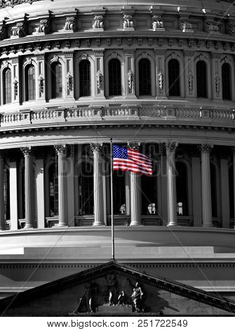 United States Capitol Building in Whashington DC with Flag