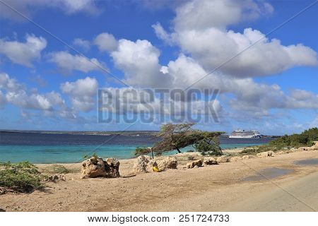 Kralendijk, Bonaire - 12/16/17-  Ocean Front With Blue Skies And  The Royal Princess Cruise Ship Doc
