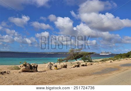 Kralendijk, Bonaire - 12/16/17-  Ocean Front With Blue Skies And  The Royal Princess Cruise Ship Doc