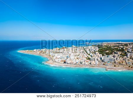 Rhodes City Beach Aerial Panoramic View In Rhodes Island In Greece