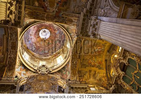 Genova, Italy - 2017, September 23 : The Ceiling Of The 16th Century Baroque San Siro Basilica In Th