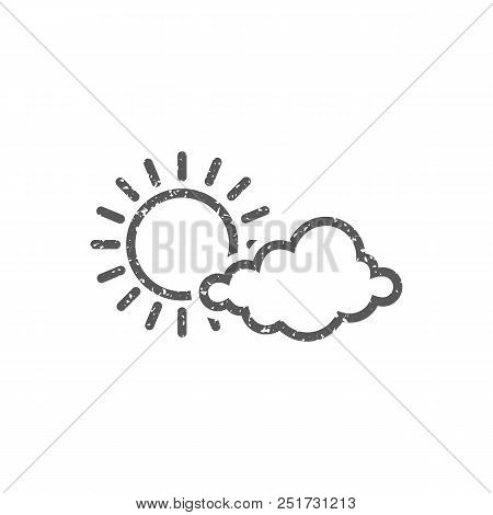 Weather Forecast Partly Sunny Icon In Grunge Texture. Vintage Style Vector Illustration.