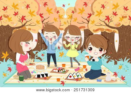 Cute Cartoon Family At Picnic With Maple